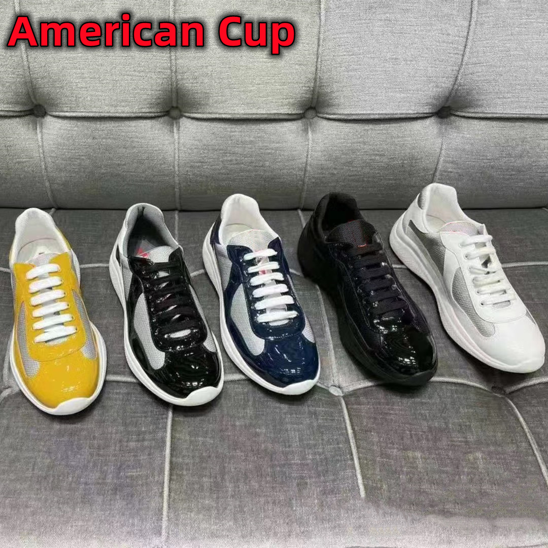 Designer de luxe American Cup formateurs chaussures pour hommes baskets coureurs cuir verni plat nylon caoutchouc bas noir blanc maille jaune ble