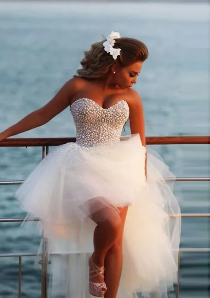 Modern Pearl High Low Short Wedding Dresses Sweetheart Tulle Romantic Informal Reception Bridal Gowns Outdoor Custom Made Wedding Dress