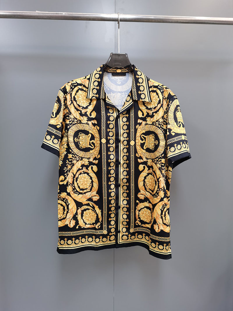 

2023New Men' Silk short shirt Luxury Brand Design Black gold Baroque pattern shirt, Multi