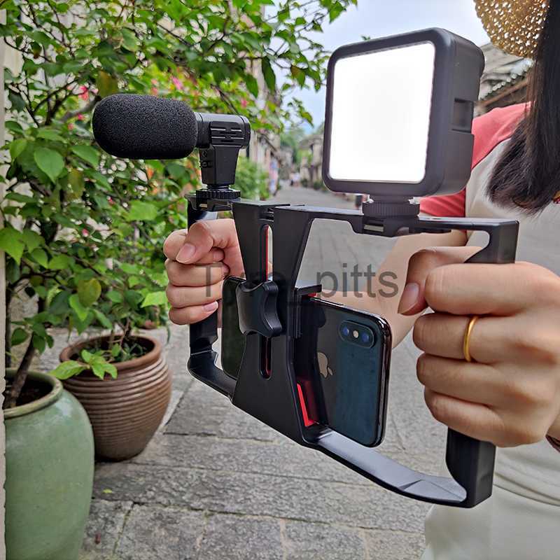 Microphones New! LED Microphone Smartphone Video Rig Kit Handheld Mobile Stabilizers links Phone holder Frame Mount for Iphone Film Taking x0717-image-886130541