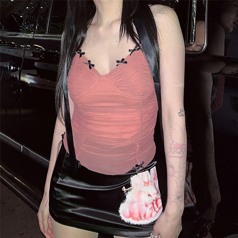 

Women' Tanks Mesh V Neck Women Summer Y2K Camis Strapless Spaghetti Strap Sleeveless Crop Sexy See Thourgh Ruched Camisoles Skinny, Pink