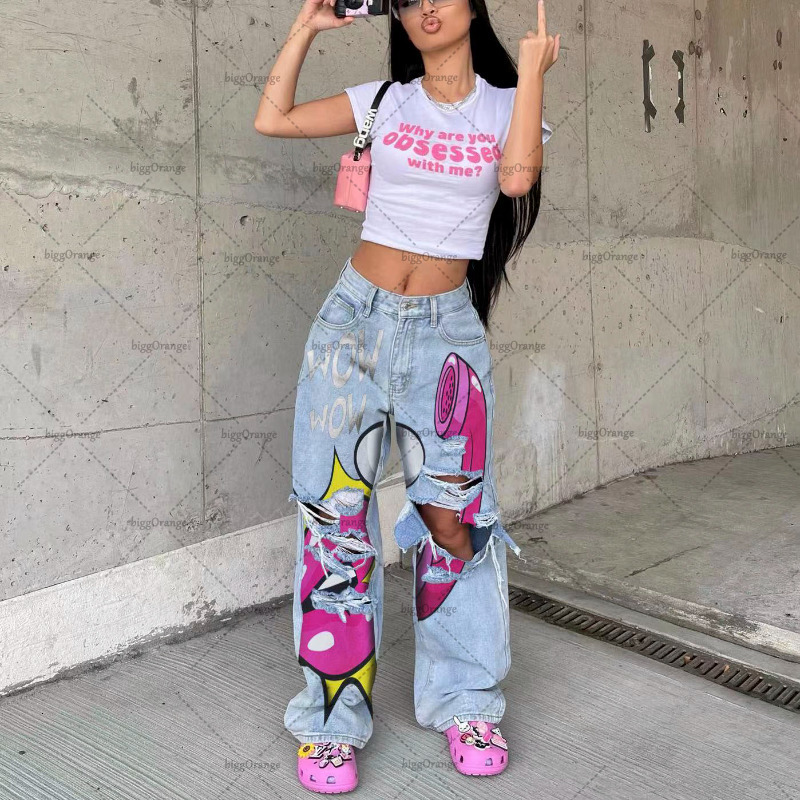Jeans pour femmes American Gothic Ripped Anime Jeans taille haute surdimensionnés pour femmes Y2K Street Harajuku Zipper Loose Straight Wide Leg
