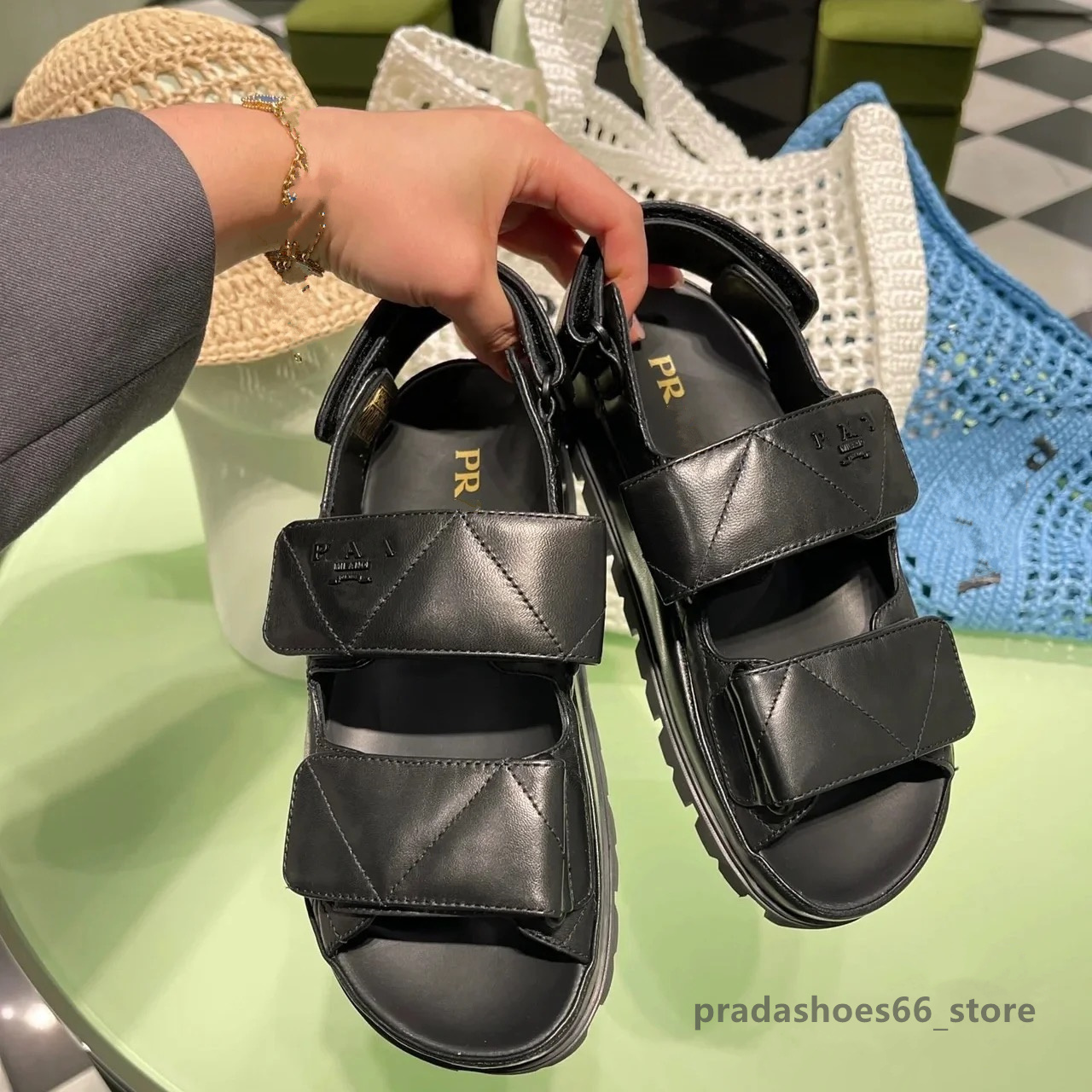 

Milan 2023 New Summer Women's Sandal Prad Fashion Magic Tape Women Luxury designer Slipper Casual Beach Shoes Double Buckle Non-slip Slides, T7 high quality