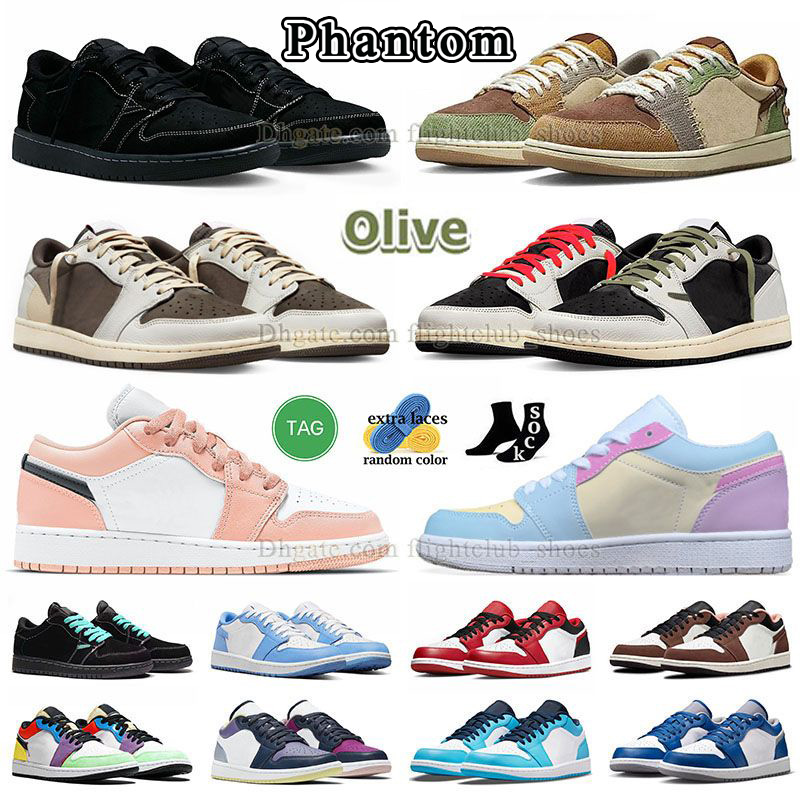 

2023 Jumpman 1 Low Basketball Shoes Traviss 1s Reverse Mocha Black Phantom OG Olive Zion Williamson Voodoo Fragment Lows Panda UNC Tear Away Silver Mens Women Sneaker, D52 36-46 og bleached coral