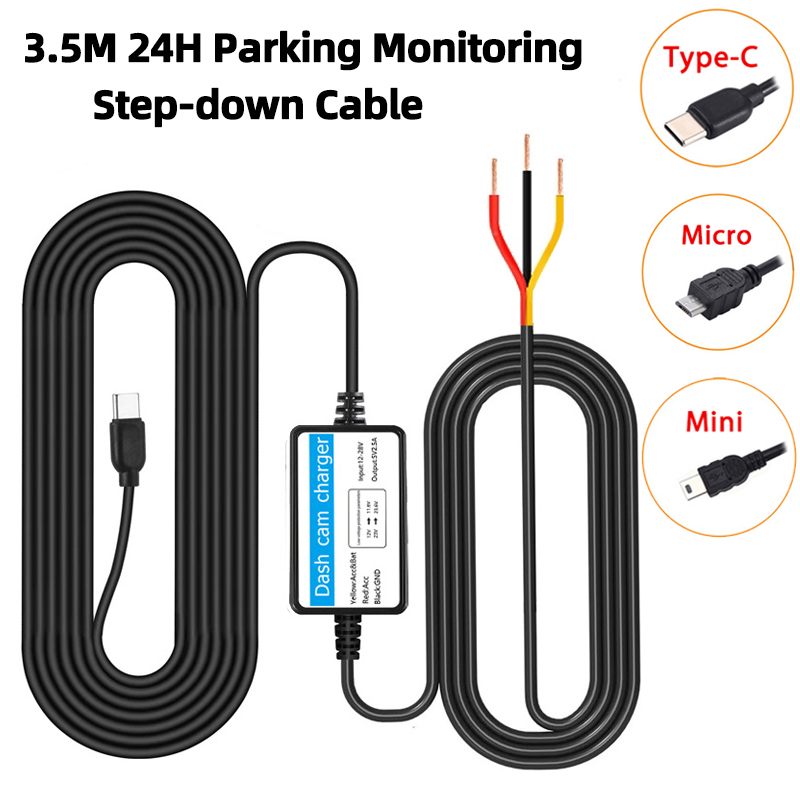 

3.5M 24H Parking Monitoring Car DVR Record Hardwire Kit For Low Vol Protection Mini/Micro/Type-c Port 12V-24V in 5V2.5A Charger