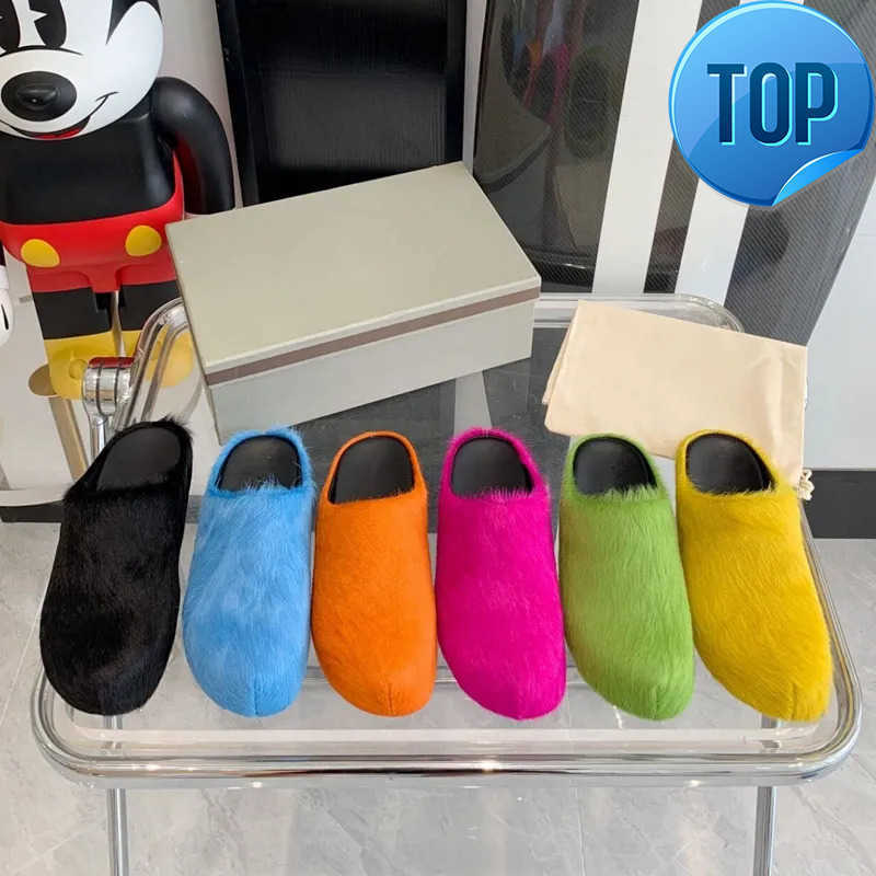 Fashion Fur Slippers Women Men Round Toe Marn Horse Hair MARNI Slides Female Black Rose Red Green Mules Shoes Flat Half Slipper Woman Casual Furry p