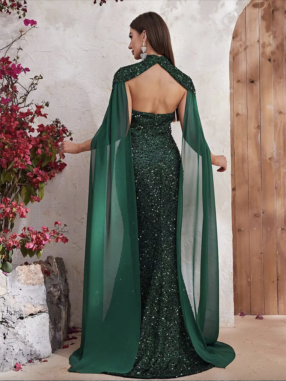 2023 prom dress on black girl Emerald Green Mermaid sexy long Sequins Party Dresses Ruffles Glitter Celebrity Custom Made Crystals Stylish Evening Gowns with shawl