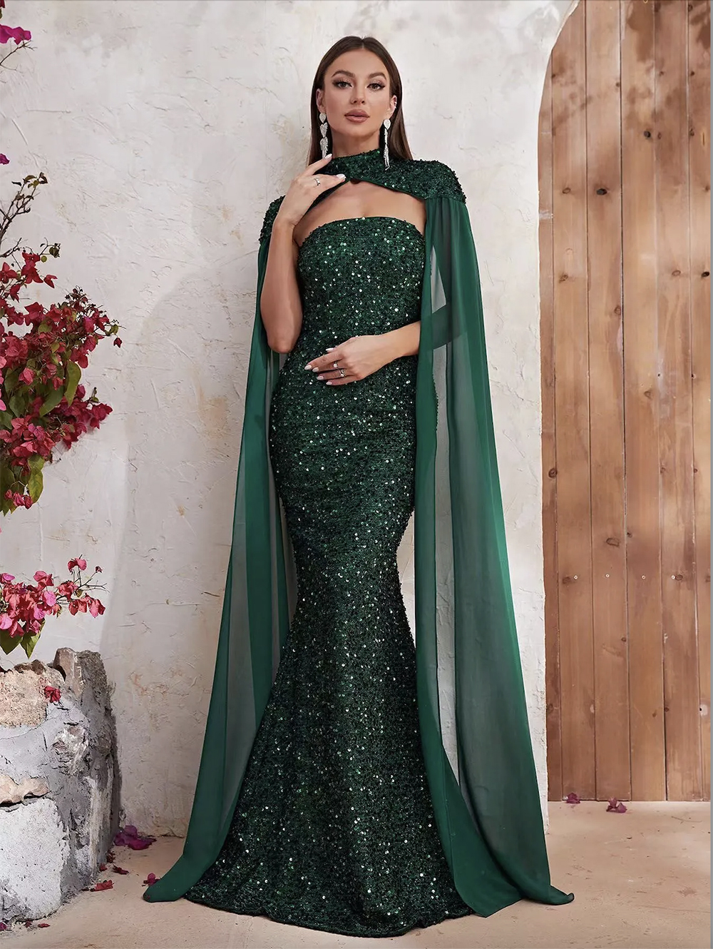 2023 prom dress on black girl Emerald Green Mermaid sexy long Sequins Party Dresses Ruffles Glitter Celebrity Custom Made Crystals Stylish Evening Gowns with shawl