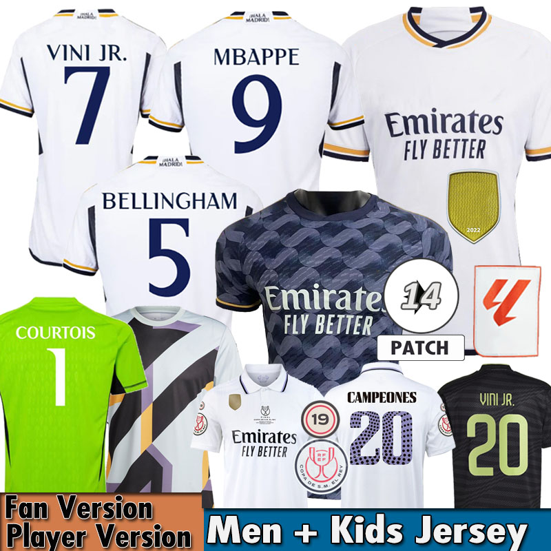 

23/24 ReAl MaDrIDs Soccer Jerseys Camisetas Kids Kit Goalkeeper Final Home Away Football Shirt VINI JR MODRIC BELLINGHAM COURTOIS Champion 2023 2024 Player Version, 23-24 home la liga patch
