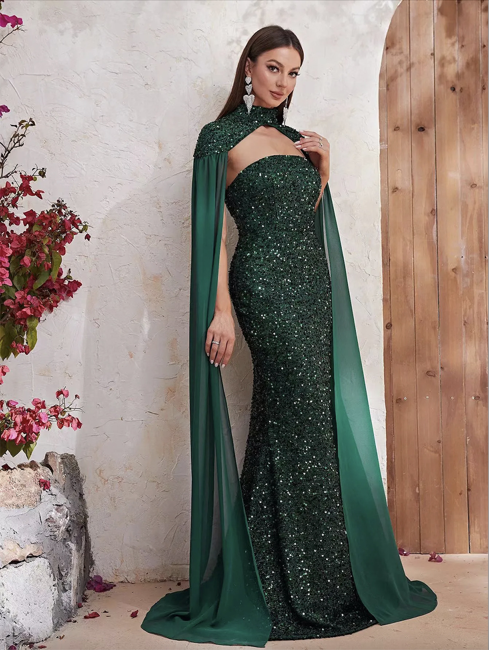 2023 prom dress on black girl Emerald Green Mermaid sexy long Sequins Party Dresses Ruffles Glitter Celebrity Custom Made Crystals Stylish Evening Gowns with shawl