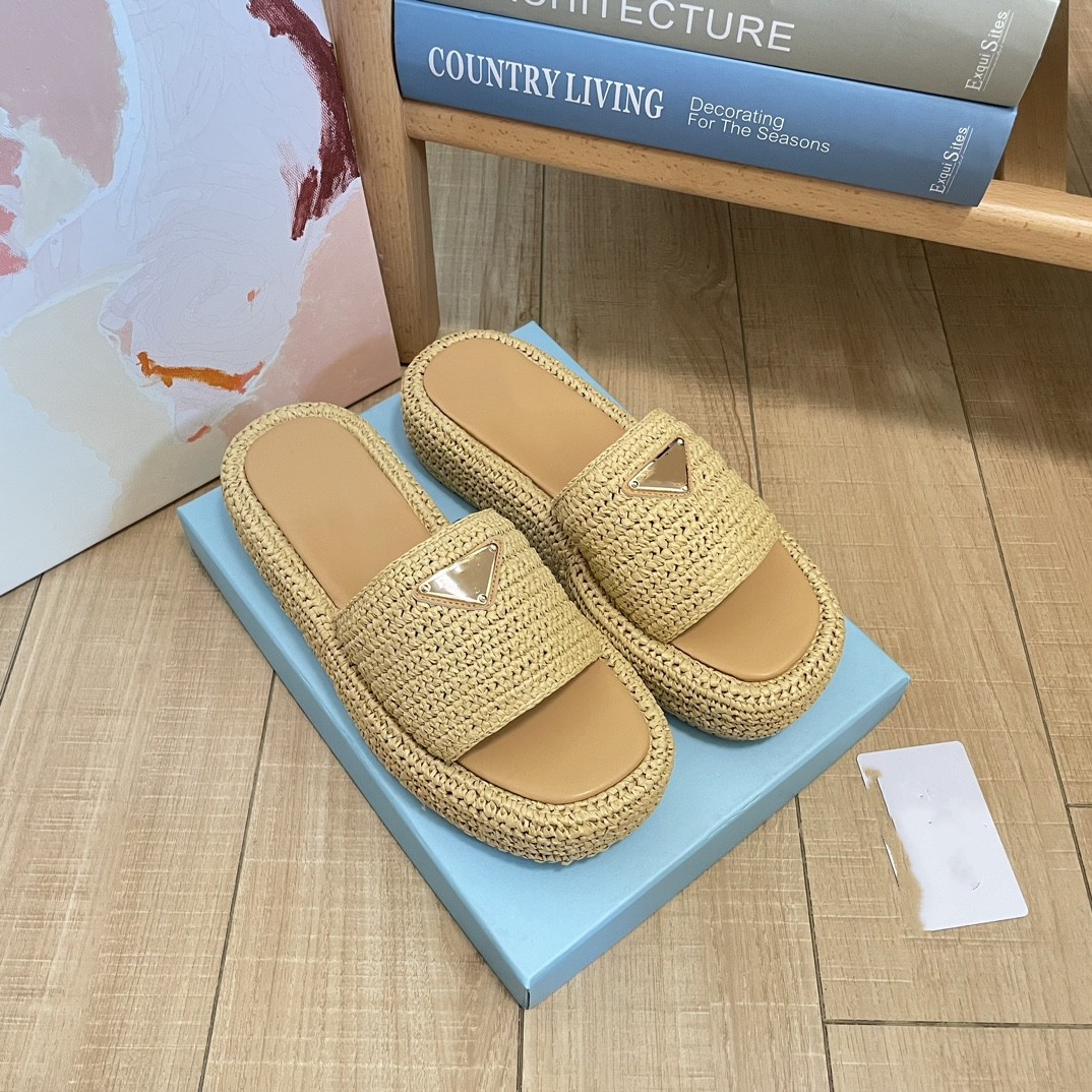 

Women Designer Slippers Triangle Buckle Raffia Straw Espadrilles Womens Thick bottom Sandals Slip On Mules Slides lady Platform Wedges Square Toe Flip Flops, Xyguc3161