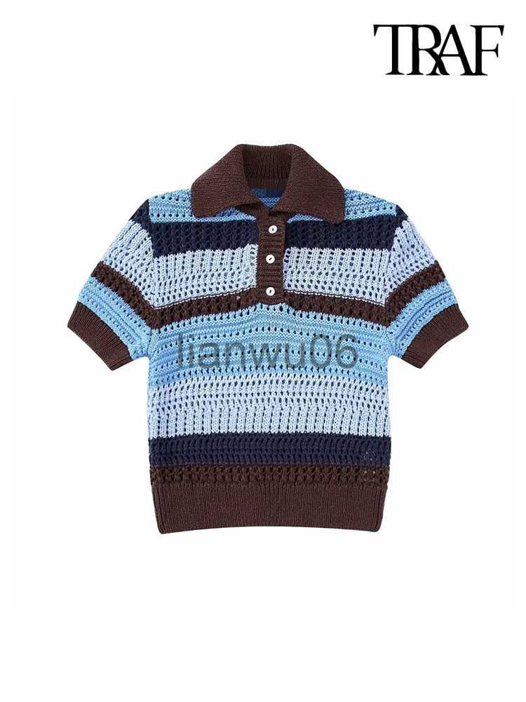 Women's Sweaters TRAF Women Fashion Pointelle Knit Polo Sweater Vintage Short Sleeve Front Button Female Pullovers Chic Tops J230718-image-887016193