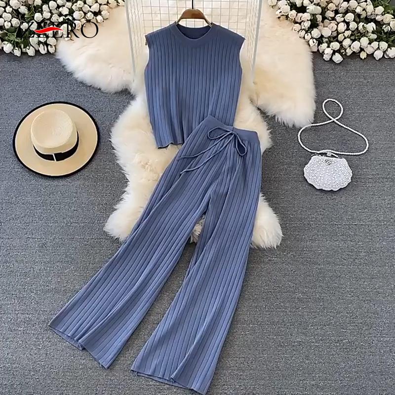 

Women's Two Piece Pants Summer Korean Women Casual 2 Sets Womens Outfits Female Solid Sleeveless Knitted Pullover Top High Waist Pant Set, Black