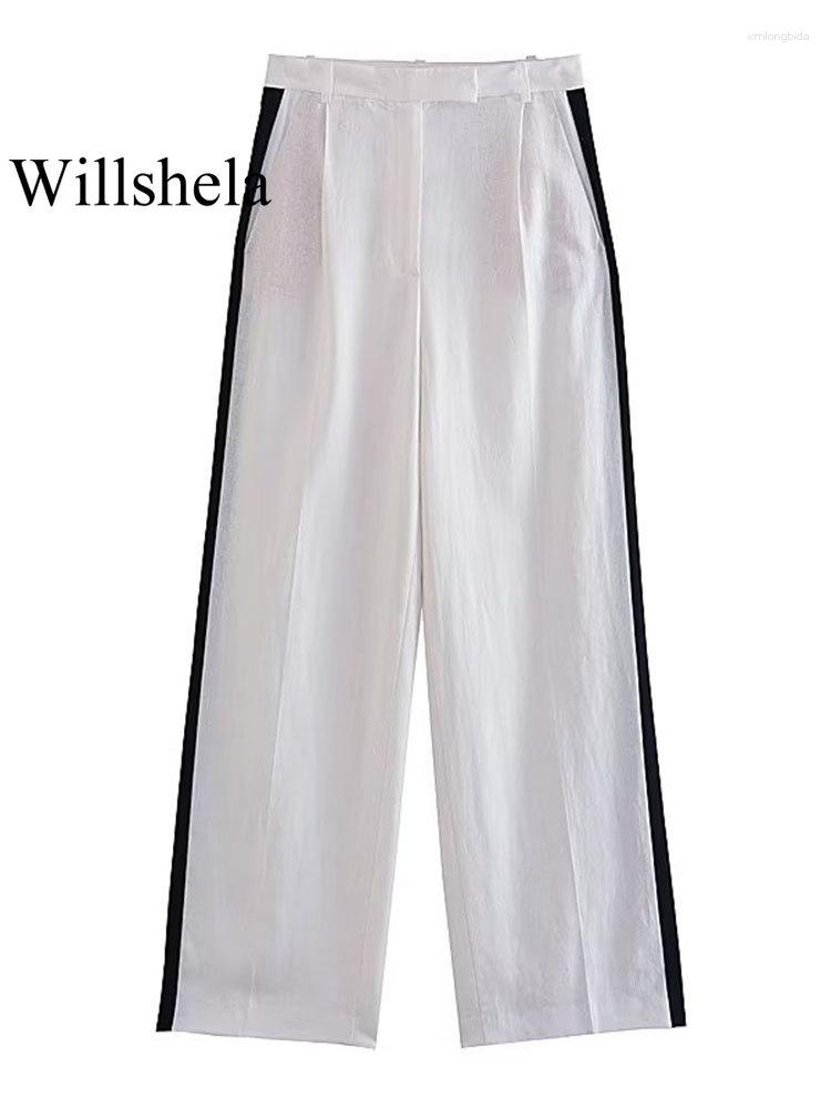 

Women's Pants Women Fashion Patchwork Front Zipper Straight Vintage High Waist Full Length Female Chic Lady Trousers, White