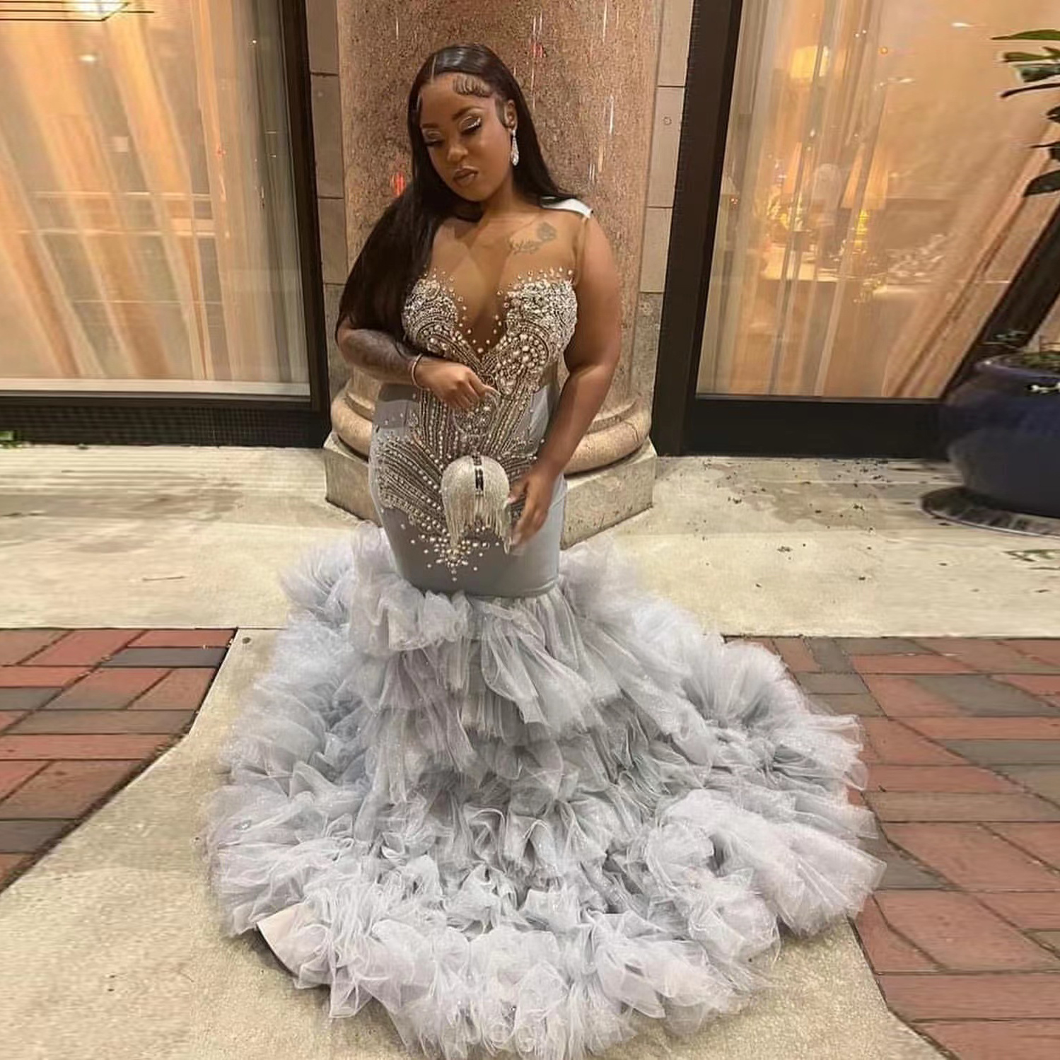 Sparkly Silver Mermaid Prom Dresses For Black Girls Illusion Neck Crystal Ruffles African Evening Party Gowns Vestidos De Gala