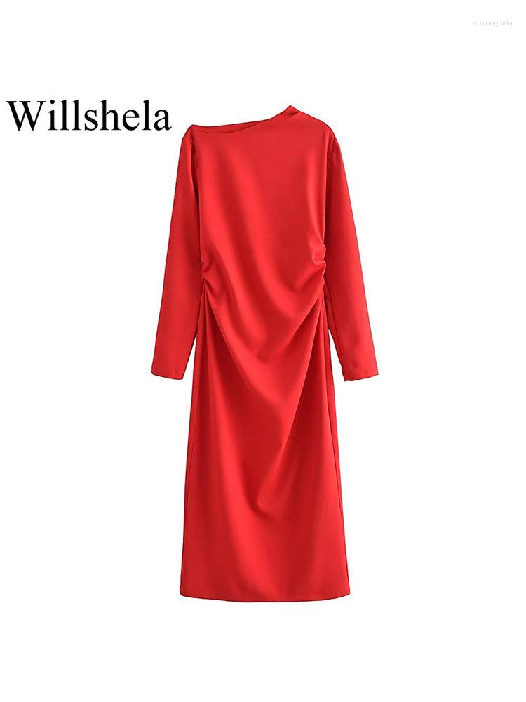 

Casual Dresses Women Fashion Solid Folds Midi Dress Vintage Diagonal Collar Long Sleeves Female Chic Lady, Red