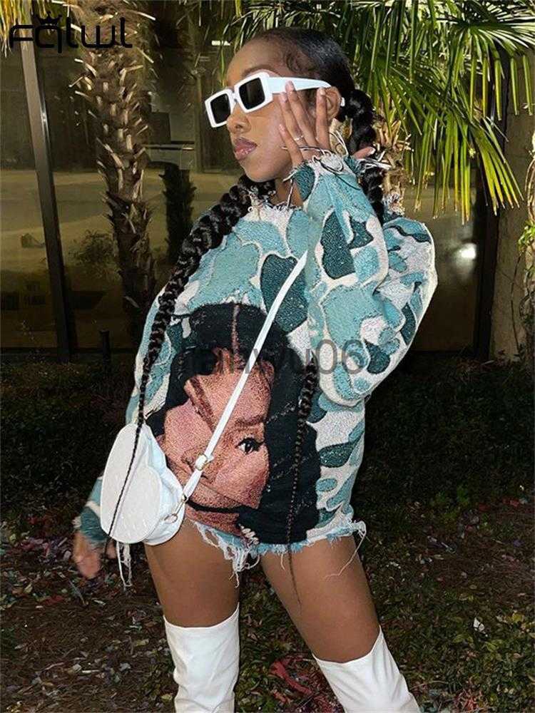 Womens Hoodies Sweatshirts FQLWL Fall Blue Loose Fashion Sweatshirt Women Long Sleeve Top Streetwear Tops Baggy Fashion O Neck Pink Print Sweatshirt