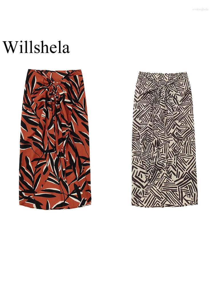 

Skirts Women Fashion With Knot Printed Front Slit Midi Vintage High Waist Female Chic Lady Skirt, Red