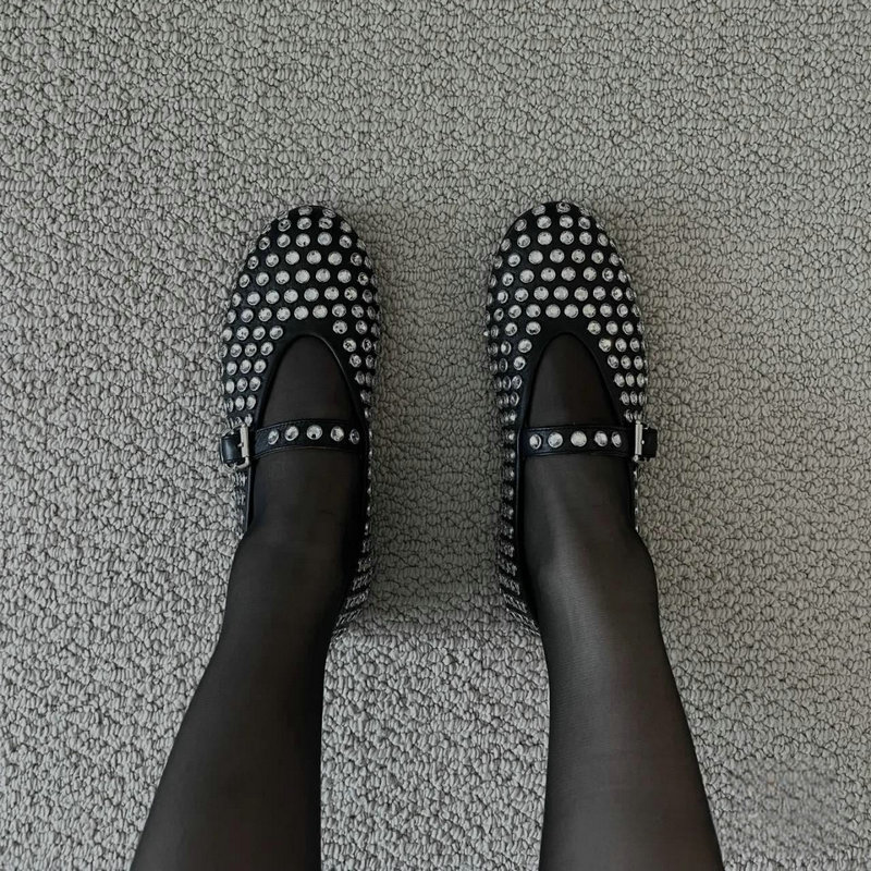 2023 Alaia Hoe Summer Round Toe Rhinetone Flat Ballet Shoe Women Brand Leather Rivet Buckle Strap Loafer Shoe Caual Walking-image-893886699