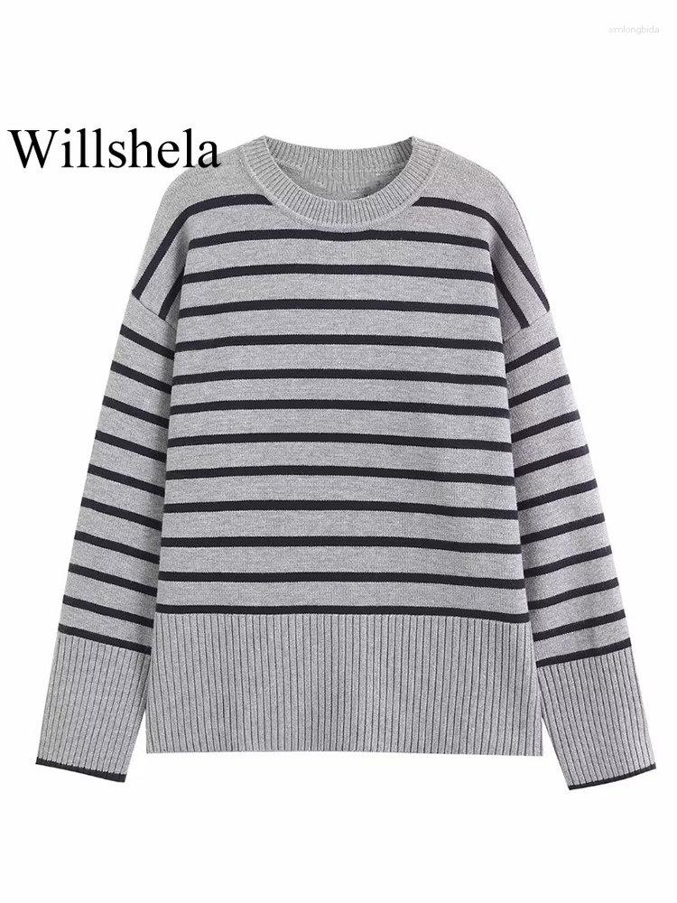 

Women' Sweaters Women Fashion Gray Striped Knitted Pullover Sweater Vintage Long Sleeves O-Neck Female Chic Lady Tops
