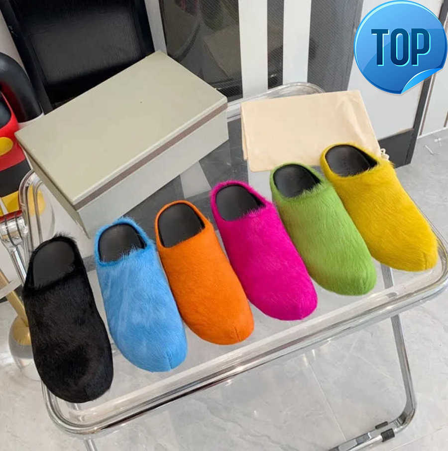 2023 Fashion MARNI Fur Slippers Women Men Round Toe Marn Horse Hair Slides Female Mohair Black Rose Red Green Mules Shoes Flat Half Slipper Casual p