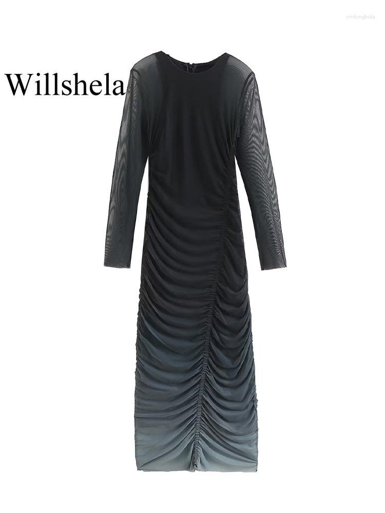 

Casual Dresses Women Fashion Tulle Printed Pleated Back Zipper Midi Dress Vintage O-Neck Long Sleeves Female Chic Lady, Print
