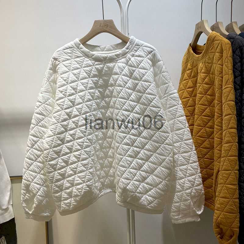 Womens Hoodies Sweatshirts Casual Pullovers Women Personality Triangle Rhombus Check Cotton Quilted Pullover Collapsed Shoulder Long Sleeve Loose-image-886648056