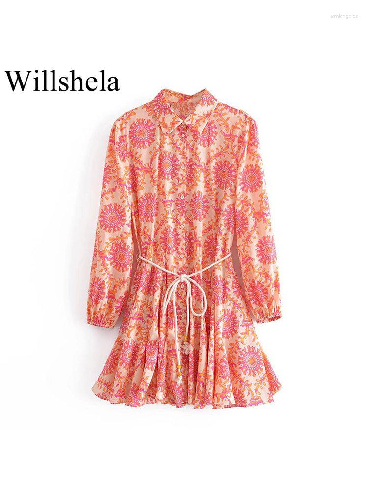

Casual Dresses Women Fashion Printed Mini Dress Lace Up Vintage Lapel Neck Long Sleeves Female Chic Lady, Print