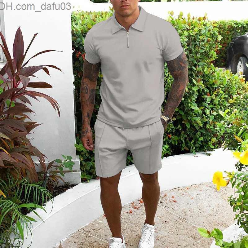 Men's Tracksuits 2022 new men's track and field clothes Summer short sleeved thin horse shirt+Sweatshirt 2 men's solid suit casual-image-887111551