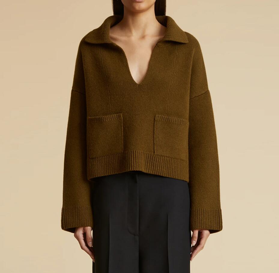 23-Kh*aite Wool Knit Women's Autumn and Winter Loose Double Pocket Deep V Lapel Drop Shoulder Thickening Warm Cashmere Sweater New Style
