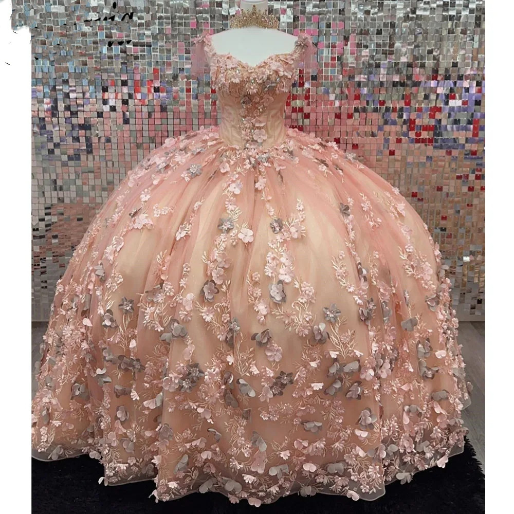 Robes de quinceanera 2024 |Robe de bal à rougissement rose avec applications en dentelle