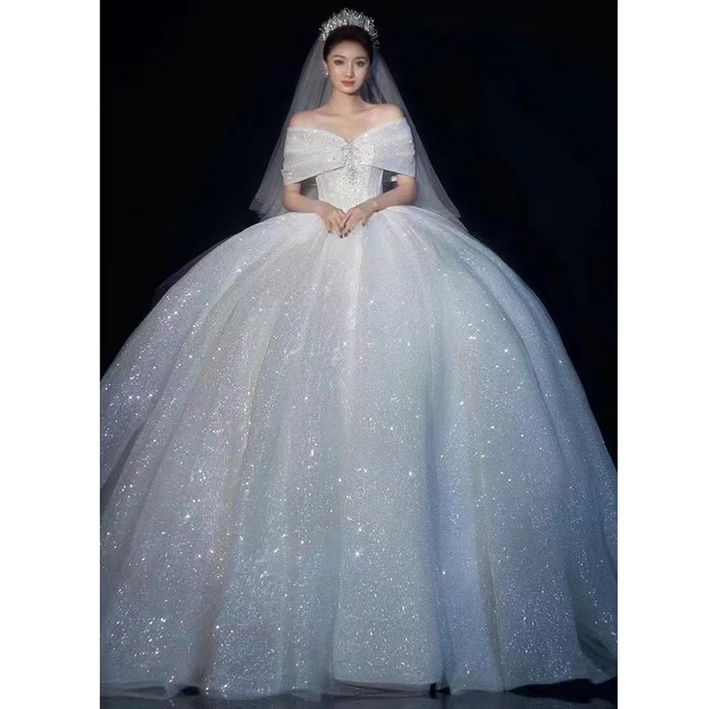 Vintage Arabic A Line Bridal Gowns off shoulder Wedding Dresses Sweetheart bling shiny gown Court Train Button Back Plus Size Formal Bride Dubai-image-887715028