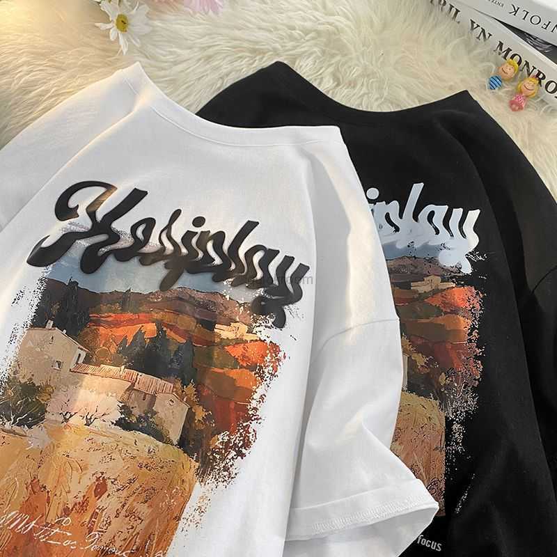 

Designer Fashion Clothing Hip hop Tees Rock Tshirts 100% Cotton Oil Painting Letter Hiphop Ins High Street Style Short Sleeved T-shirt Men's T-shirt, Black high quality fabric