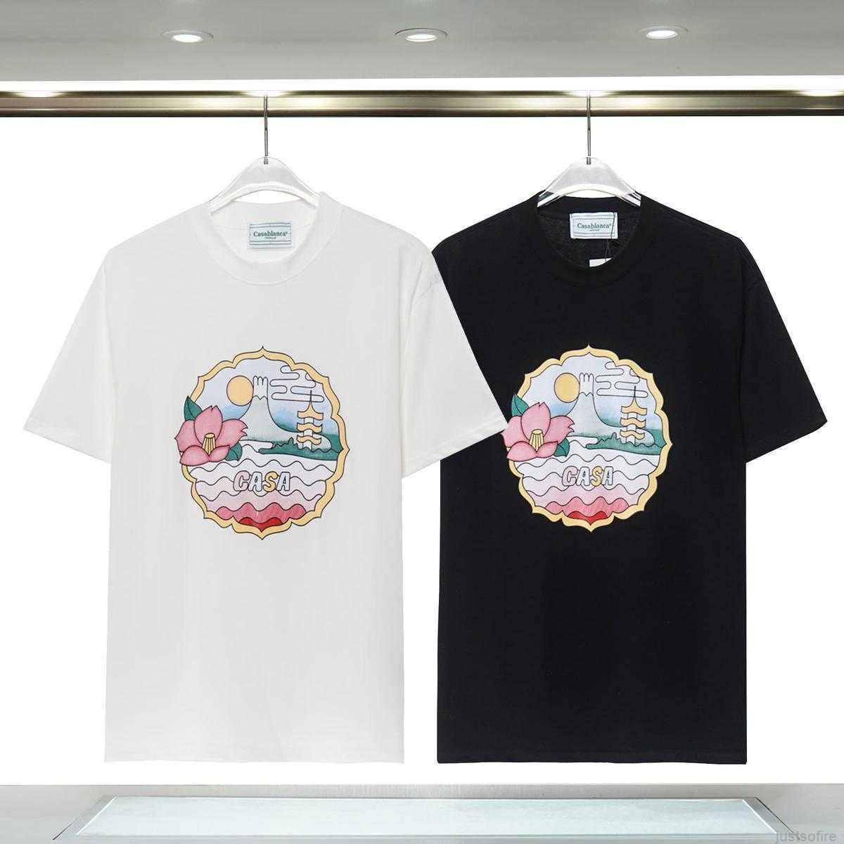 

Casa Designer Fashion Clothing Tees Tshirts 2023 Early Spring New Casablanca Short Sleeve T-shirt for Men Women Fuji Mountain Scenery Top, Black