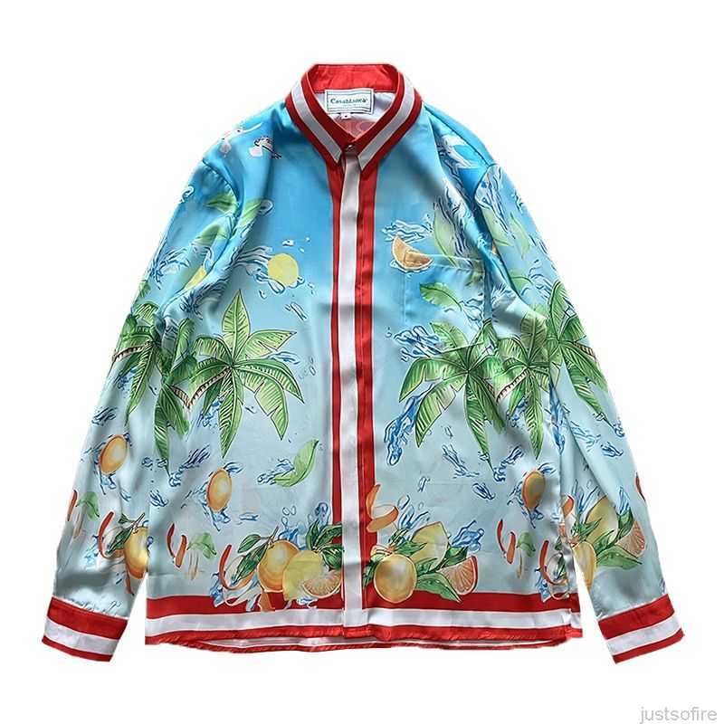 

Casa Designer Fashion Clothing Shirts Tracksuits Casablanca 23ss Bag Coconut Fruit Loose Fit Silk Long Sleeve Shirt for Men Women Couples, Beige
