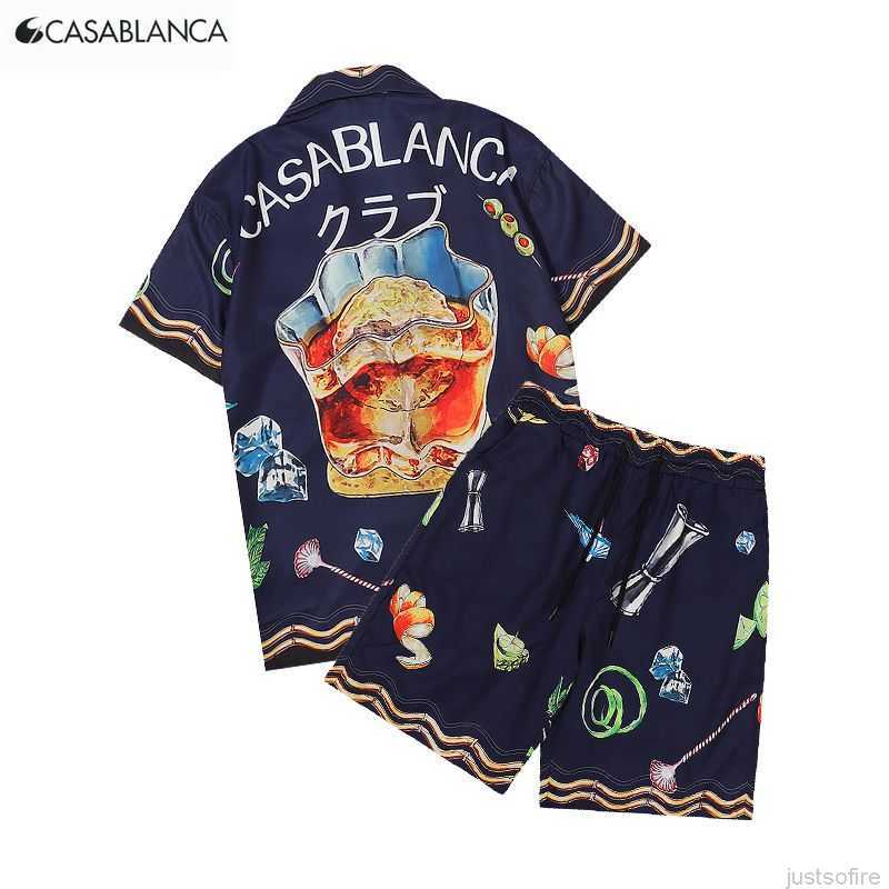 

Casa Designer Fashion Clothing Shirts Tracksuits Casablanca All Over Cocktail Print Casablanca Short Sleeve Shirt Set, Shipping fee