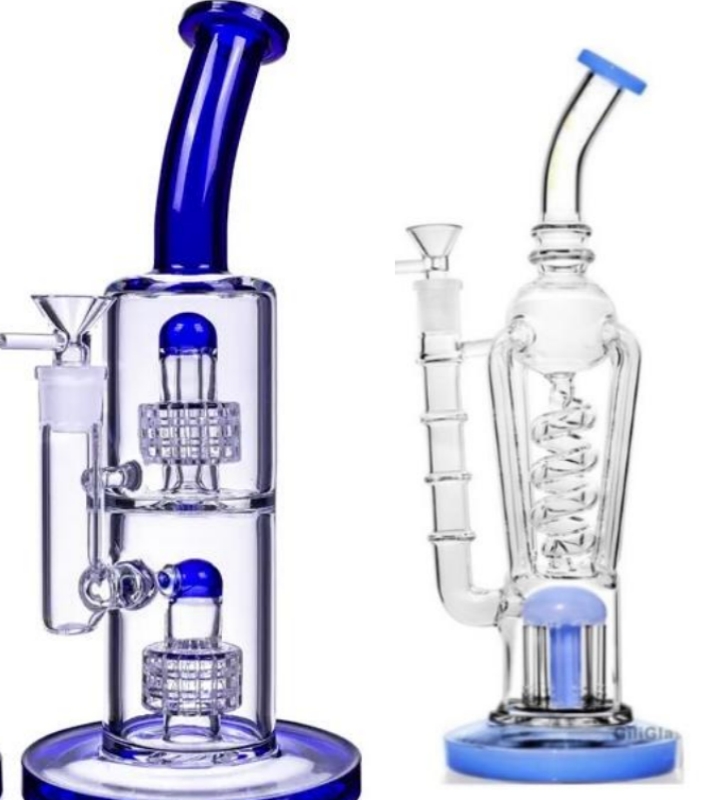 hookahs blue Matrix Perc Hookah Bongs Thick Glass Water Pipes Double Chamber Dab Rig Bubbler-image-779819858