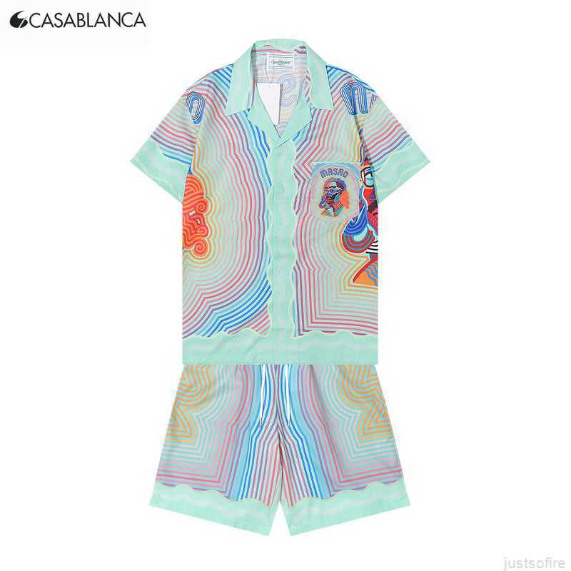 

Casa Designer Fashion Clothing Shirts Tracksuits 2023 New Casablanca Abstract Stripe Head Print Short Sleeve Shirt Set for Men Women, Shipping fee