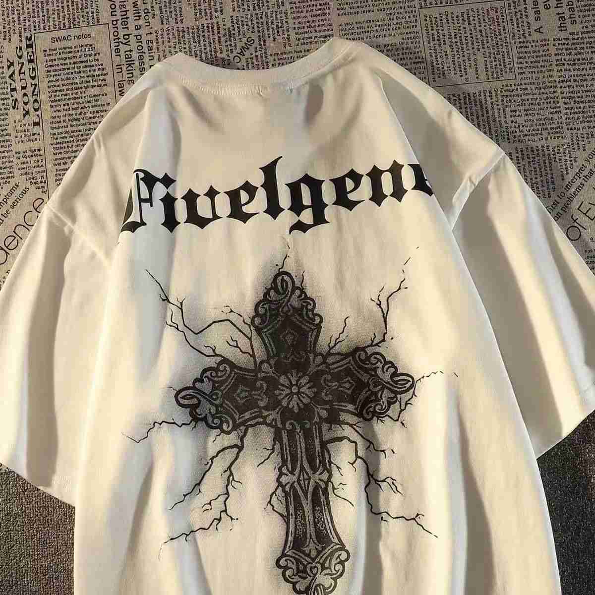 

Designer Fashion Clothing Hip hop Tees Rock Tshirts 100% Cotton Trendy Brand Dark American Cross Short Sleeve T-shirt Men's Xiains Loose Street Half Sleeve Top, White 250g heavy weight pure cotton