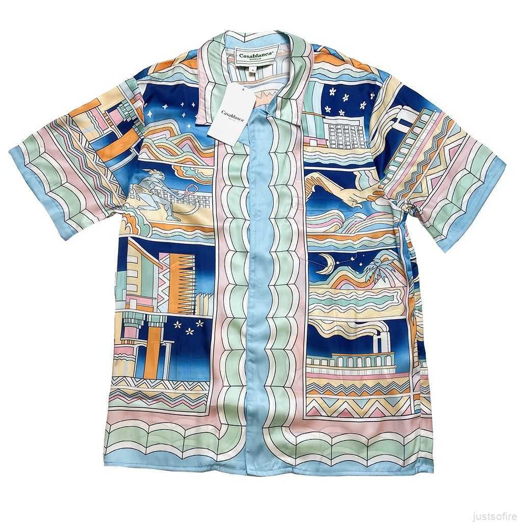 

Casa Designer Fashion Clothing Shirts Tracksuits Casablanca 23ss Maya Mythology Palace Silk Short Sleeve Shirt Loose Casual for Men Women, Beige