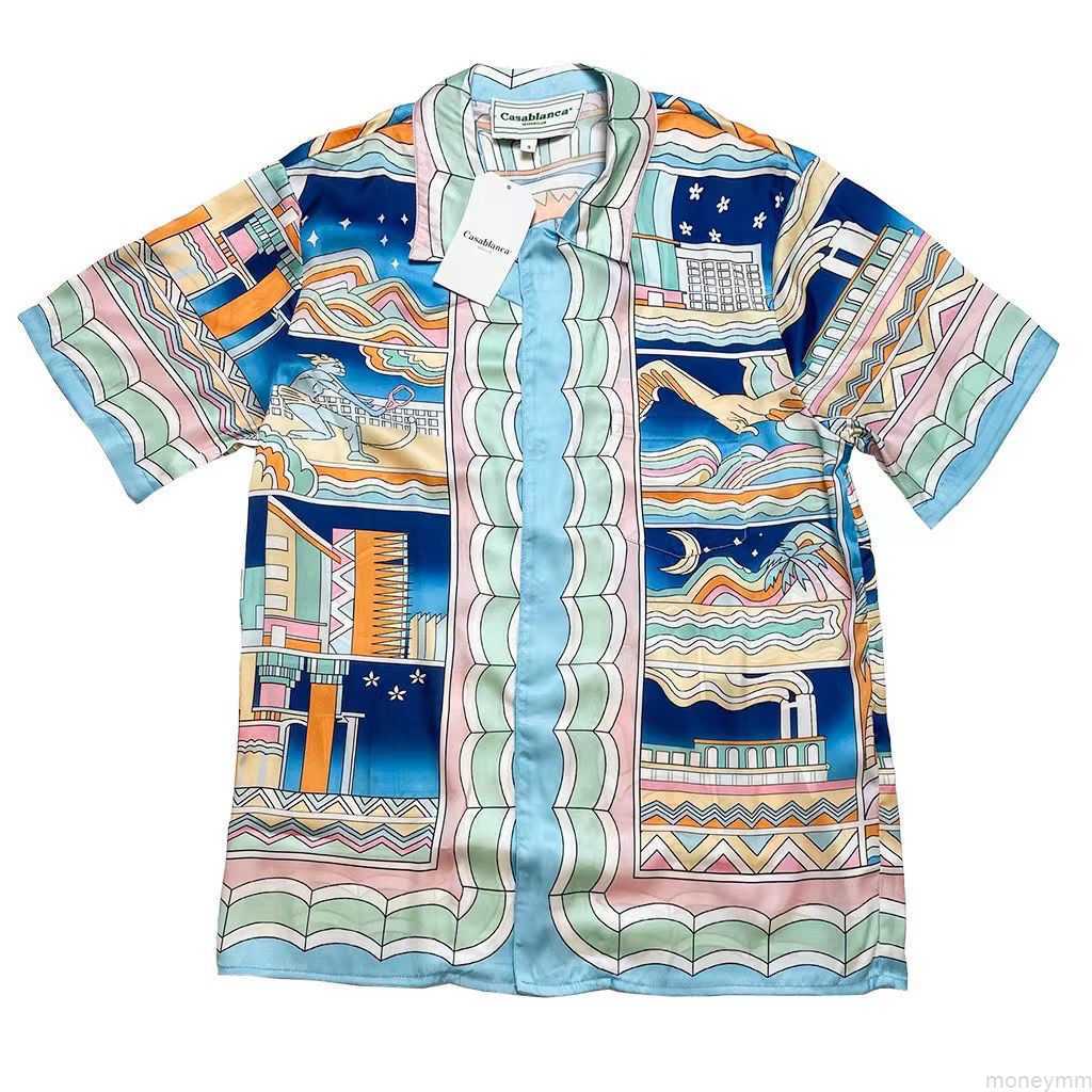 

Casa Designer Fashion Clothing Shirts Tracksuits Casablanca Short Sleeve Shirt Maya Mythology Summer Couple New Loose Printed Silk T-shirt, Beige