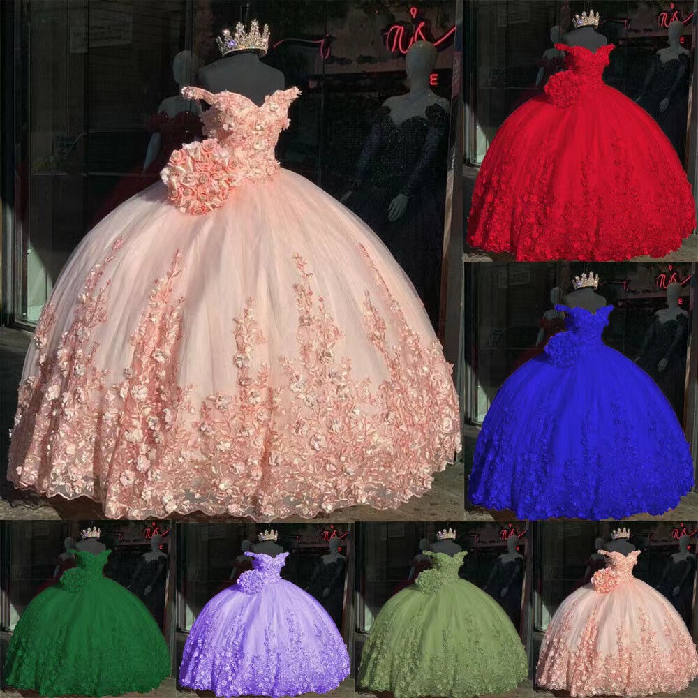 elegant Off the Shoulder Pink Quinceanera Dresses 2023 3D florals Beaded Appliques Ball Gown Sweet 16 Dress Vestidos De 15 anos princess mexican-image-888365590