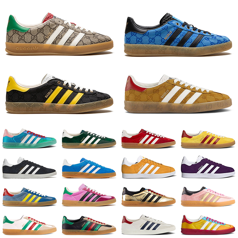 Gucci x Adidas Gazelle shoes for men women GG Monogram Beige Blue Black Oatmeal Trefoil label Light Blue Silk luxury designer sneakers mens train