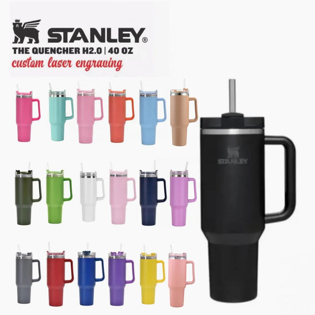 Gobelets Stanley de 40 oz avec poignée, couvercles et pailles Gobelet à café en acier inoxydable Tasses de voiture Termos Bouteilles d'eau avec l