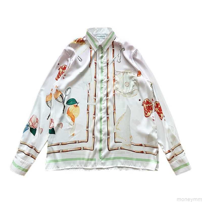 

Casa Designer Fashion Clothing Shirts Tracksuits Casablanca 23ss Orange Broken Bamboo Print Loose Couple Versatile Fashion Brand Silk Long Sleeve Shirt, Beige