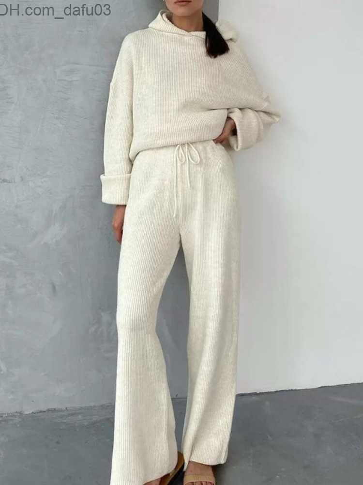 Women's Two Piece Pants Fall 2023 Casual Women's Knitted Two Piece Drawn Hoodie Top High Waist Men's Set Women's Fashion Eleg-image-888684203