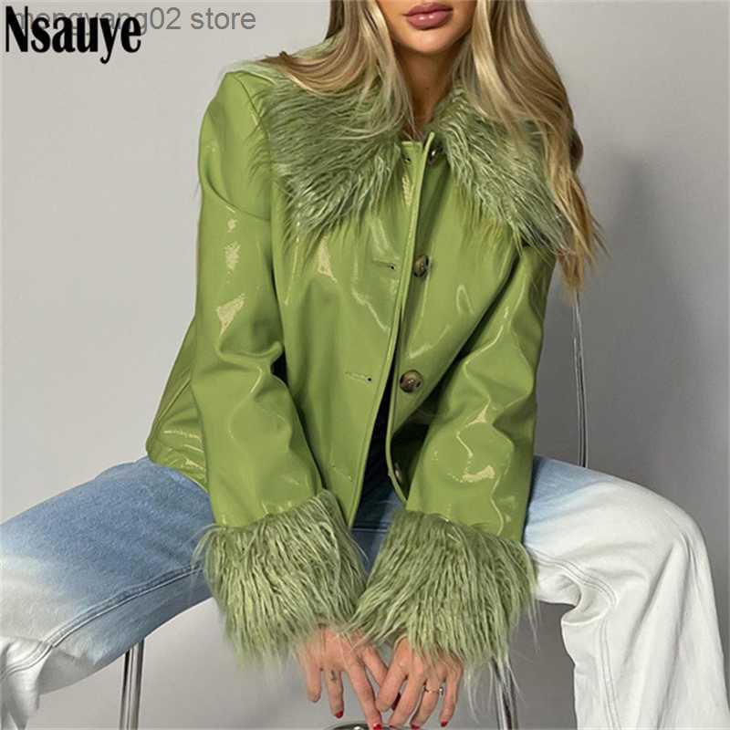 Women's Jackets Nsauye 2021 Winter Women Turn Down Collar Leather Jackets Coat Outwear Vintage Faux Fur Long Sleeve Y2K Casual Short Jacket-image-888651063