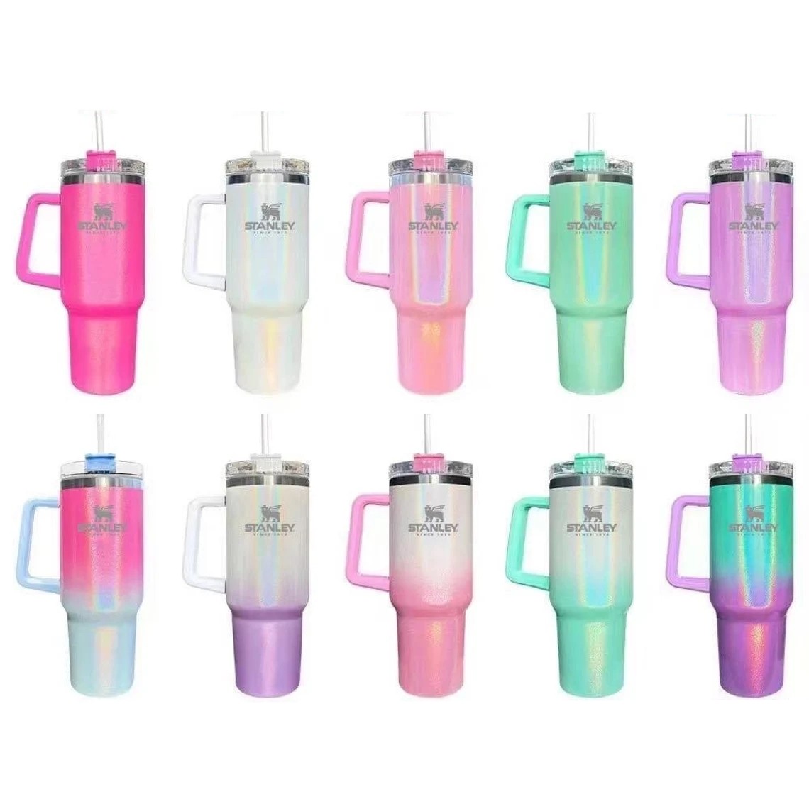 1 pcs Gobelets à paillettes Stanley 40 oz Gobelets avec poignée logo et pailles Tasses de voiture isolées réutilisables Sublimation en acier inox