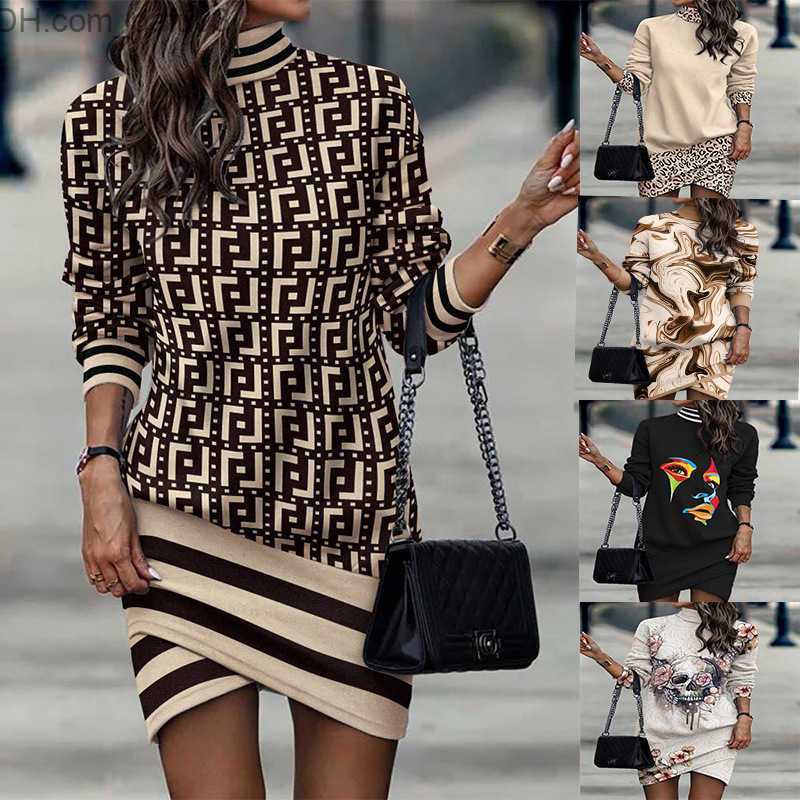 Basic Casual Dresses New 2023 Style Designer Women Dresses Long Sleeve High Collar Fall And Winter Printed Irregular Dress Plus Size 3xl Z230725-image-889047975