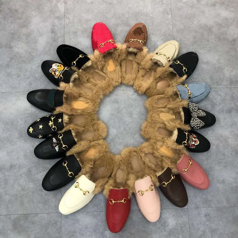 Fashion Designer Women Fur Slippers Loafers Genuine Leather Mules Princetown Female White Black metal chain Casual Flat Shoes Slippers Eur 35-43-image-888969279